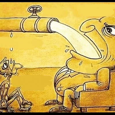 諷刺漫畫 - 大水管全被胖子喝光（資源分配不均）
