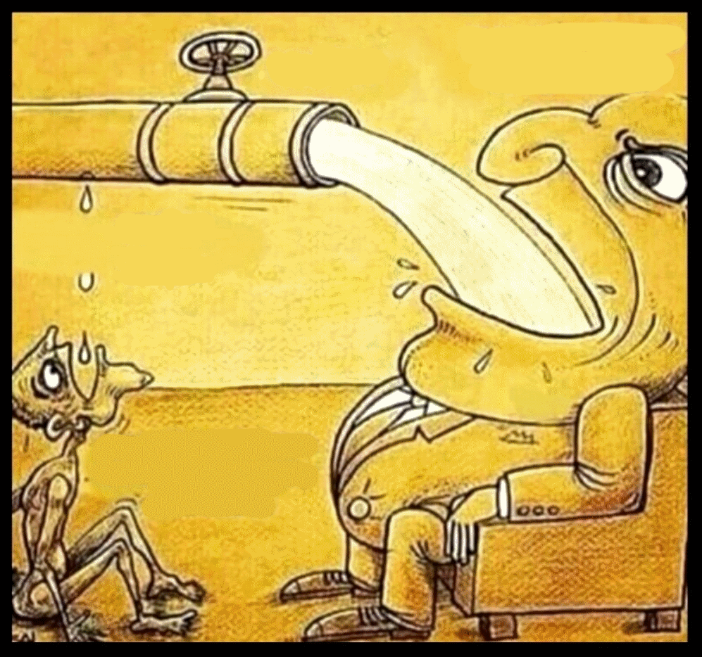 諷刺漫畫 - 大水管全被胖子喝光（資源分配不均）